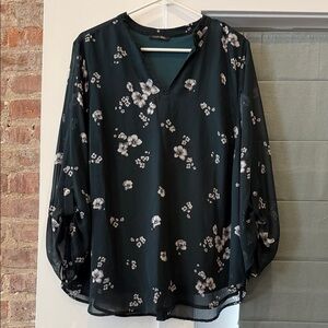 Papermoon Teal Floral V-Neck Sheer Blouse